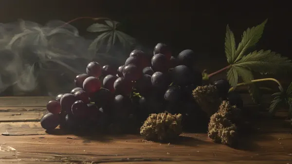 Grapes along side cannabis buds on a wooden table