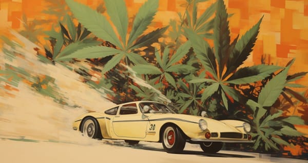 50s race car going fast with marijuana plants behind it 