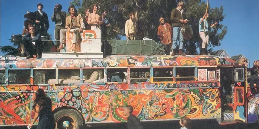 The Grateful Dead and Jefferson Airplane band members on the Roof of 'Furthur' Keseys and the Merry Pranksters Bus