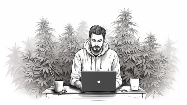 a man working on his laptop while sitting between numerous marijuana plants