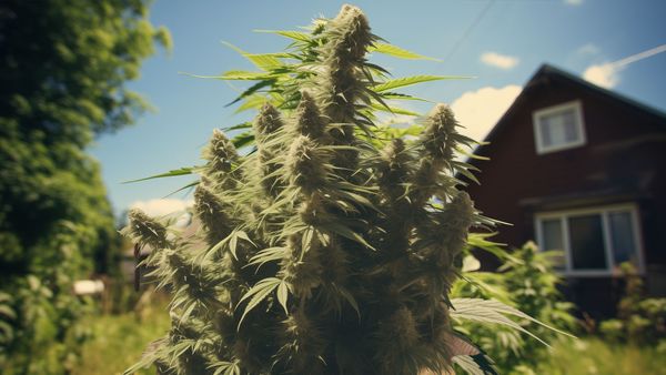 gigantic rare marijuana plant growing in a backyard