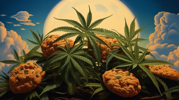A stylized image of cookies cannabis seeds where cookies and cannabis are floating together in the sky