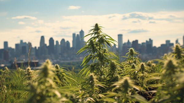 marijuana plants growing with an urban skyline in the background