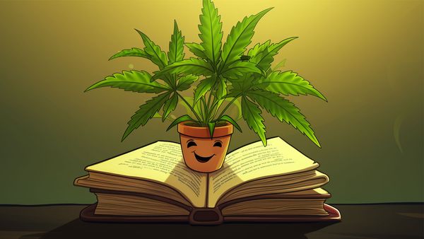 a cartoon image of a happy plant sitting on top of a book, laughing at funny strain names