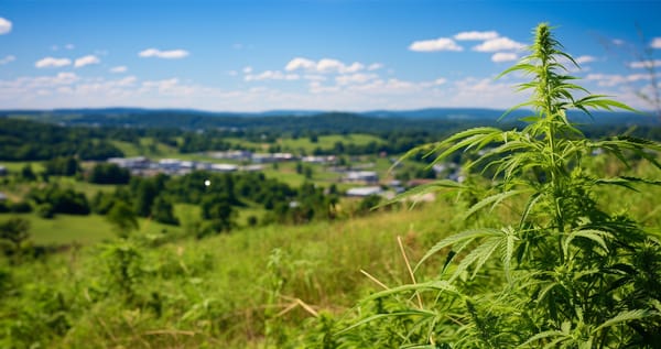 A cannabis plant growing outdoors in the countryside of Missouri