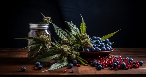 Berries and marijuana together on a table