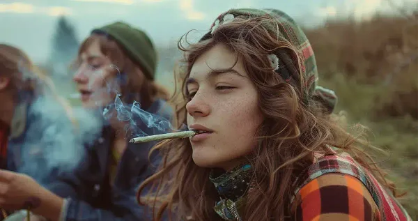 Young woman during 70s smoking hybrid weed in a field