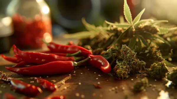 Spicy peppers alongside marijuana buds for the spiciest high possible!