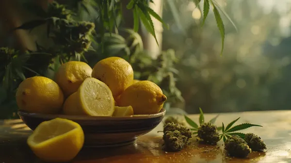 Bowl of Citrus fruits alongside cannabis bud