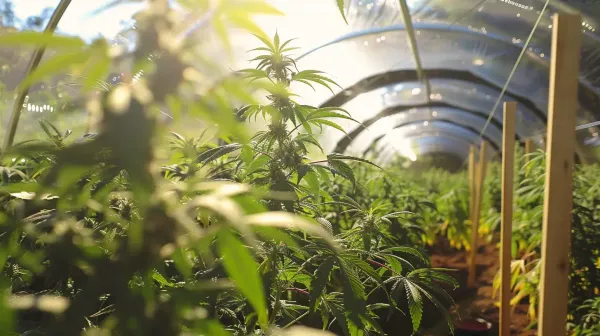 Marijuana plants growing in a home made hoophouse with tarps to create light deprivation