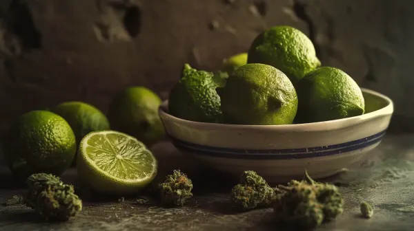 Limes in a bowl with marijuana buds beside it