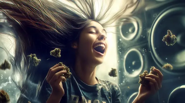 Woman listening to loud music while enjoying some amazing cannabis buds.