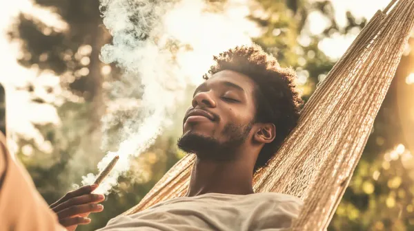 A man in a hammock with a blunt