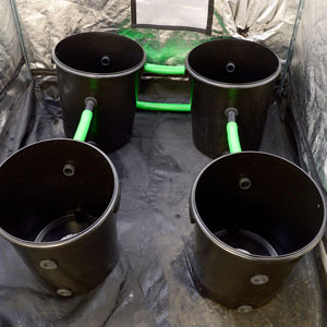 Two bucket with green hose connect to other two buckets