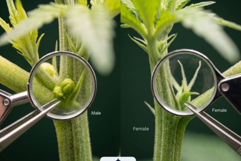 Magnifying glasses being used to spot the early differences between male and female weed plants.