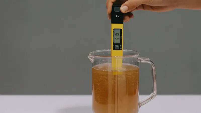 Hand holding a digital pH meter in a glass pitcher filled with brown liquid, displaying a pH reading of 6.13.