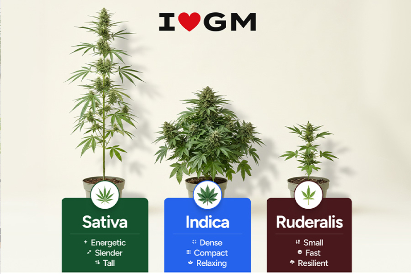 Side-by-side comparison of cannabis ruderalis leaf, sativa leaf and indica leaf showing differences.