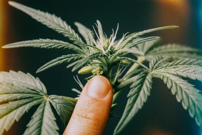 Cannabis plant with a finger pointing to the node junctions and lower shaded growth to check for hermie signs.