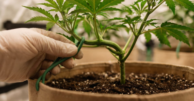 Autoflower plant tied low, with side branches reaching up toward the light.