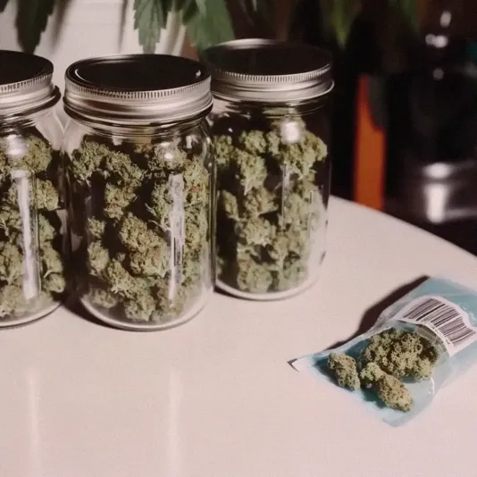 Three glass jars filled with green cannabis buds on a white table, with a small plastic bag of buds nearby.