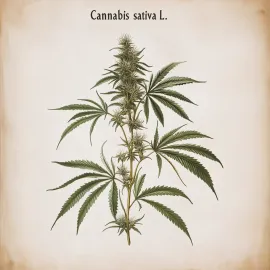 Illustration of a Cannabis sativa plant with detailed green leaves and buds, labeled "Cannabis sativa L." on a beige background.