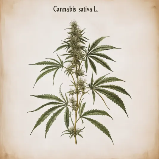 Illustration of a Cannabis sativa plant with detailed green leaves and buds, labeled "Cannabis sativa L." on a beige background.
