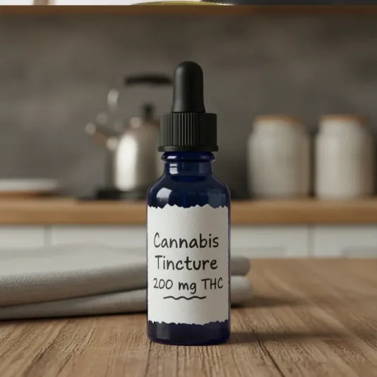 Blue glass dropper bottle labeled Cannabis Tincture 200 mg THC on a wooden countertop with a blurred kitchen background