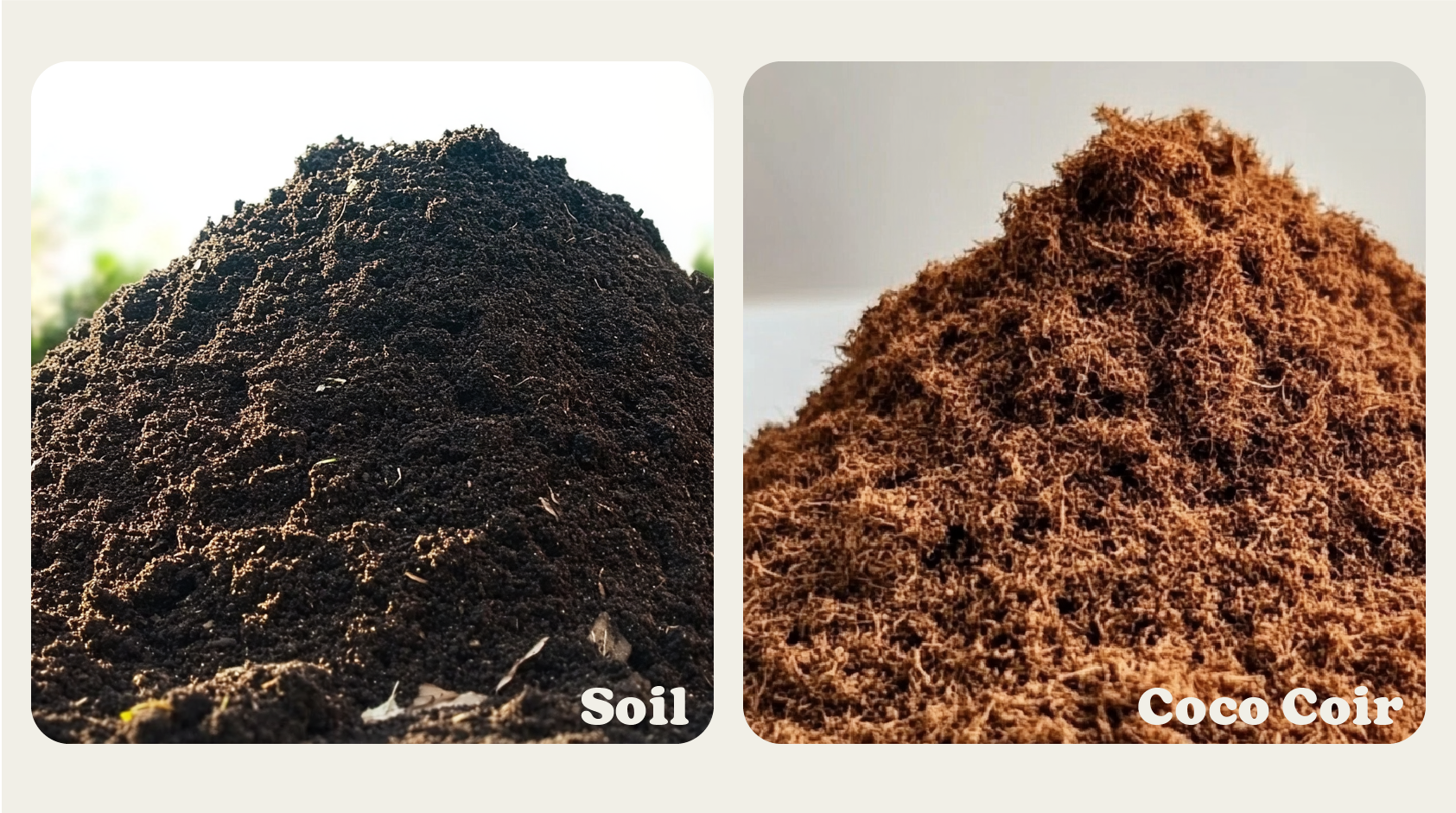 A side-by-side view of soil and coco coir, showcasing their different textures and characteristics for growing cannabis plants.