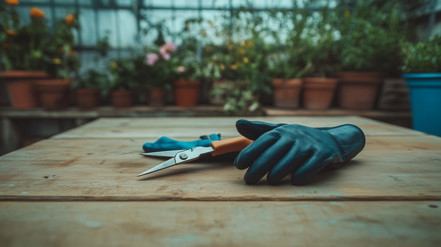 A pair of rubber gloves and pruning scissors, commonly used for careful trimming and harvesting of cannabis plants.