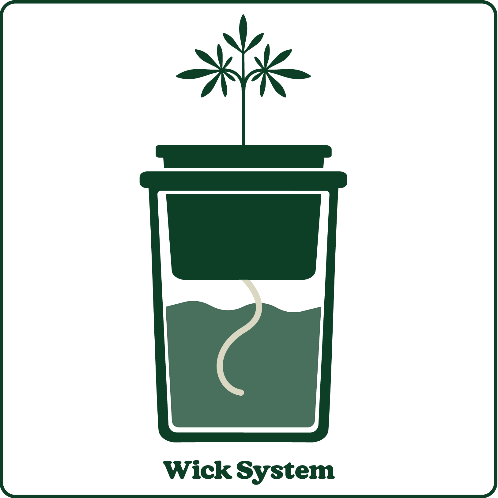 Illustration of a wick system: a plant in a pot with a wick drawing water from a reservoir below, labeled "Wick System."