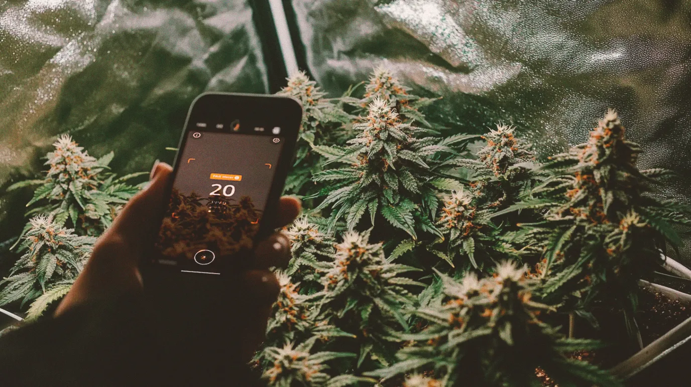 A person holding a phone with a camera app open, capturing a photo of cannabis plants in a grow tent.