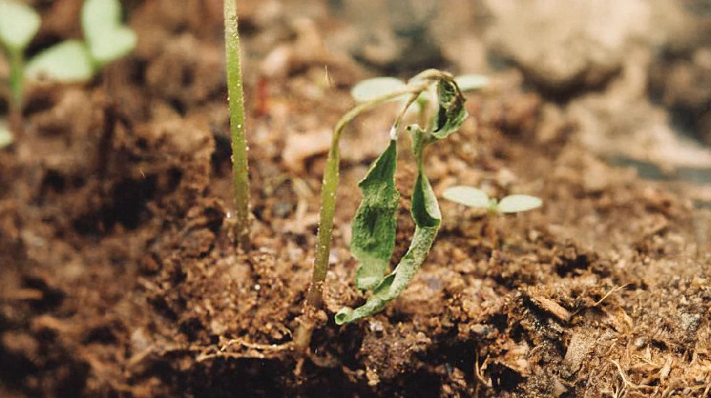 A cannabis seedling with drooping, wilting leaves, likely caused by a combination of factors such as overwatering, heat stress, or nutrient deficiencies.