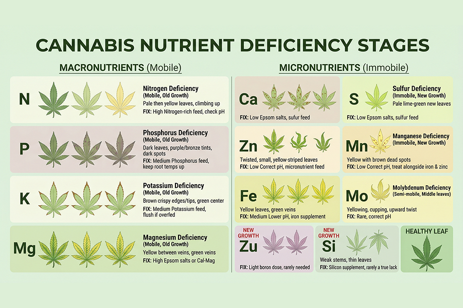 Cannabis nutrient deficiency chart matching leaf symptoms to nutrients.