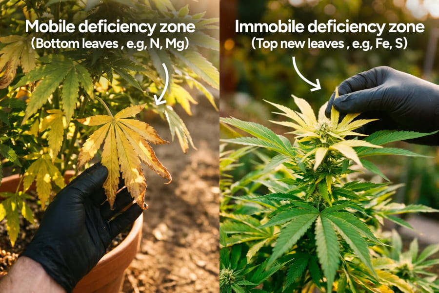 A side-by-side look at cannabis leaves showing burnt tips from nutrient burn and dry, yellowing edges from potassium deficiency.