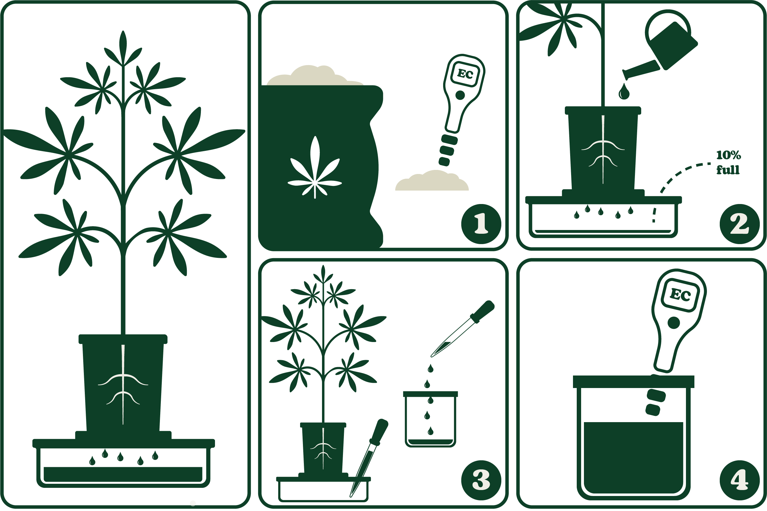 Diagram of a plant watering and nutrient process in four steps: soil preparation, watering, nutrient testing, and solution measurement.