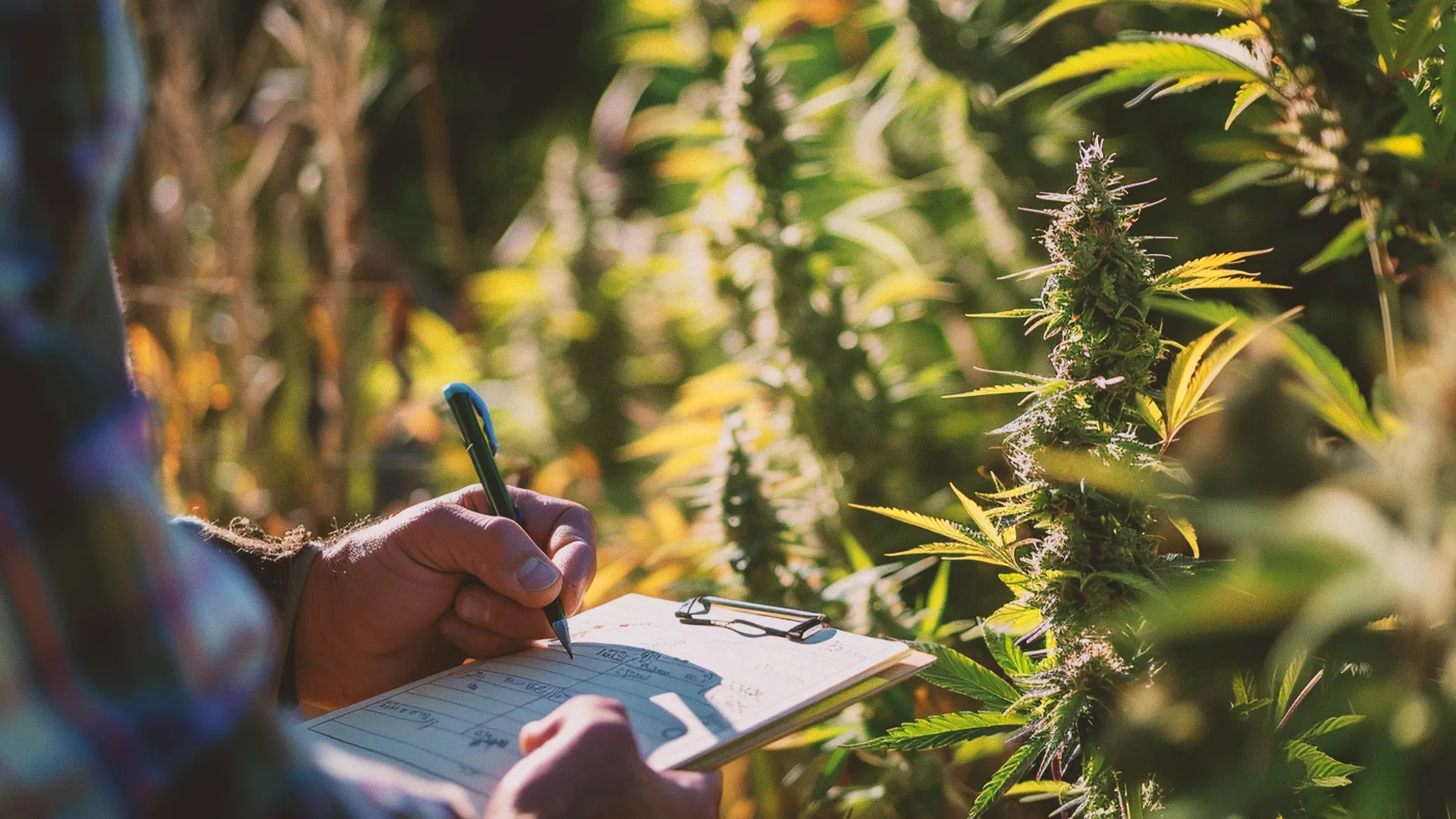 Person taking notes on a clipboard while examining tall, flowering cannabis plants in a sunlit outdoor setting.