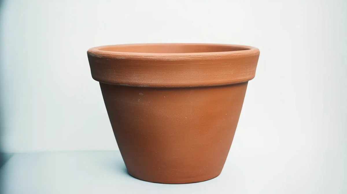 A traditional terracotta clay pot with a simple design, used to house cannabis plants. The porous material helps with drainage and allows air to reach the roots for better growth.