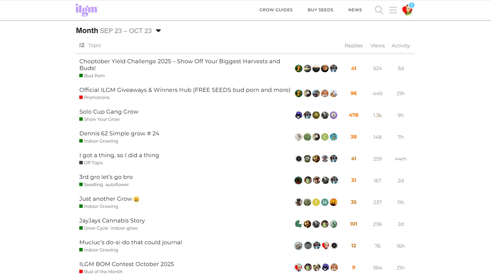 Forum page displaying a list of discussion topics with titles, user avatars, reply counts, views, and activity dates from September 23 to October 23.