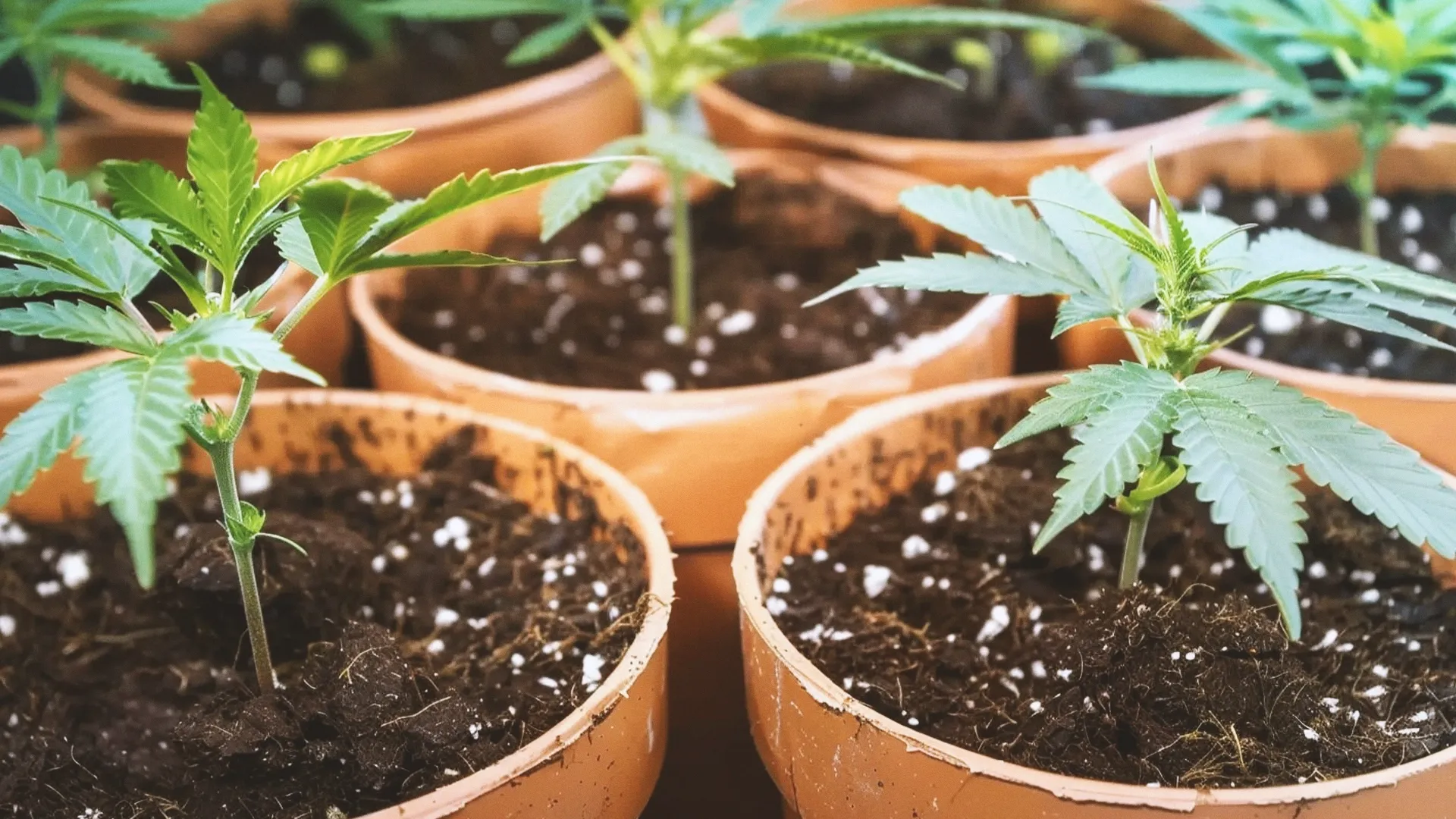 Cannabis plants in pots with coco coir