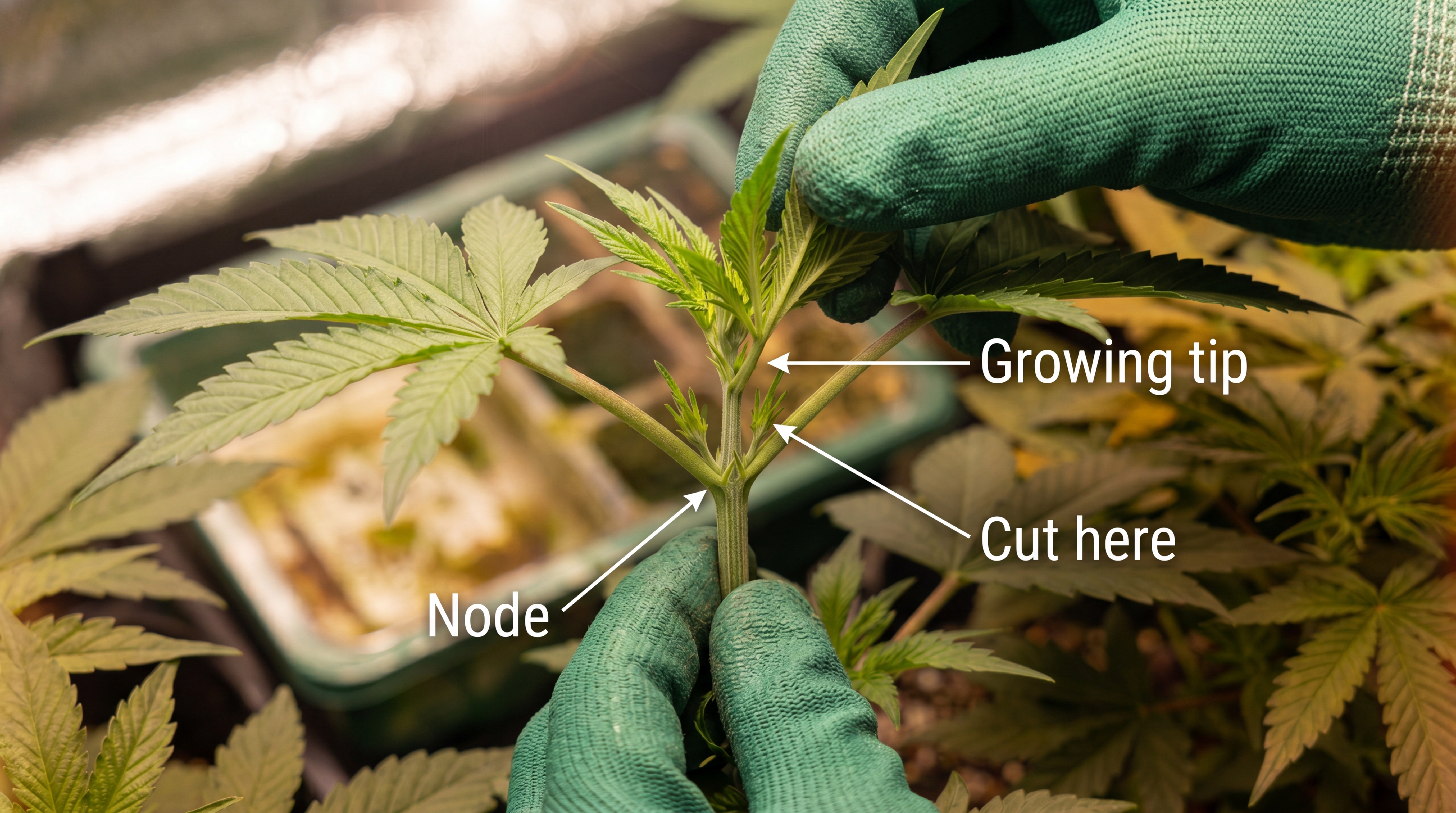 Diagram showing where to top a cannabis plant, with the cut point just above a node on the main stem .