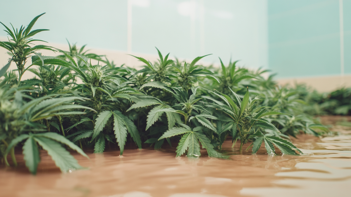 Cannabis plants showing symptoms of drowning, including yellow leaves and soggy soil, due to excessive watering and poor drainage.