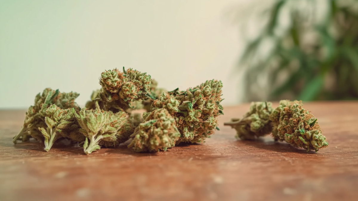 Fresh cannabis buds laid out on a table, ready for trimming, drying, and curing before storage.