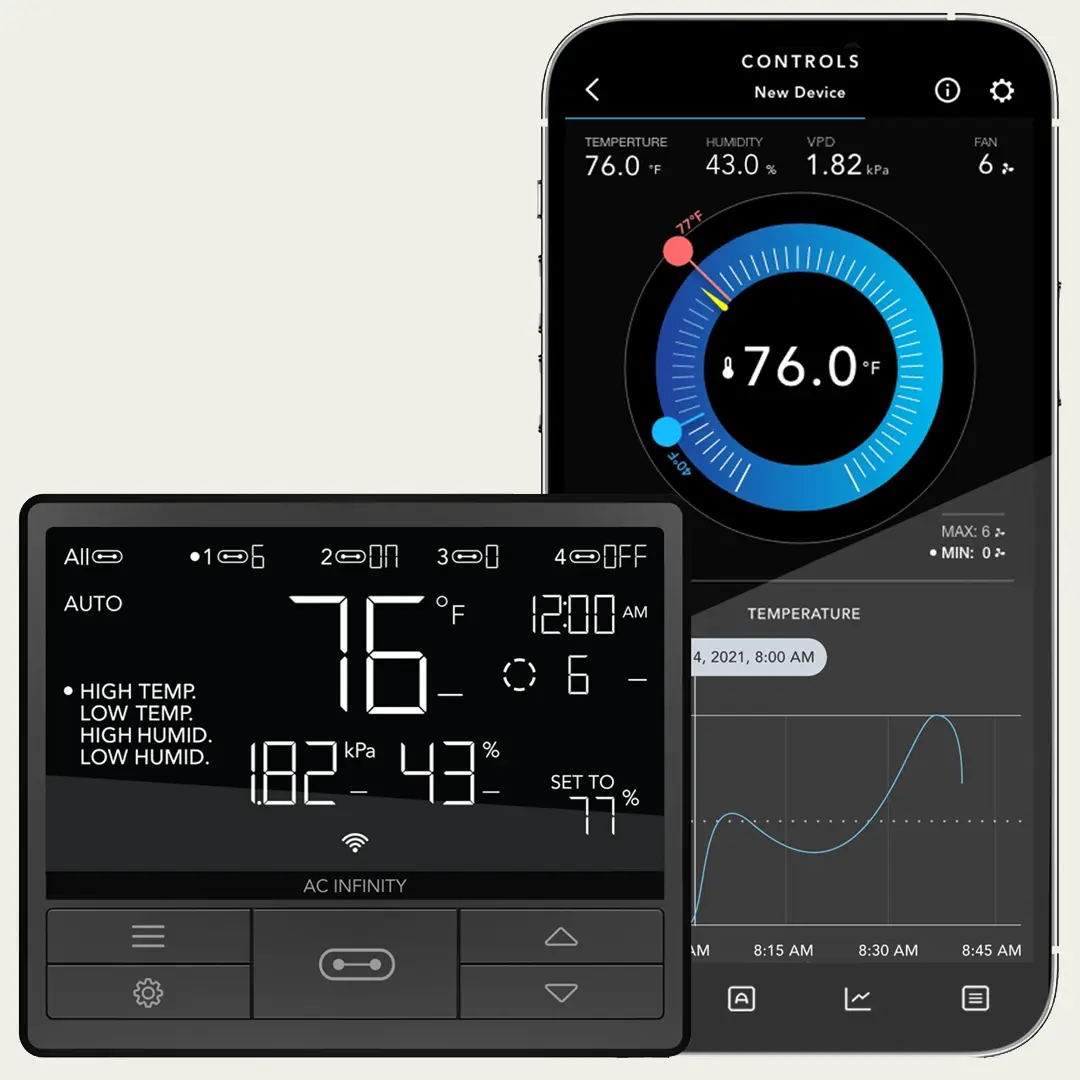 Smart thermostat interface showing temperature, humidity, and pressure on a digital display and smartphone app with graphs and controls.