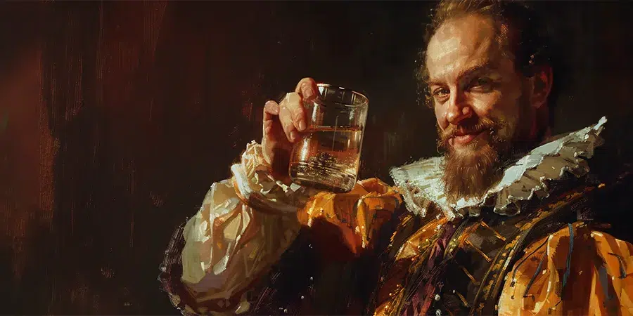 A bearded man in a ruffled collar and ornate clothing raises a glass, smiling warmly.