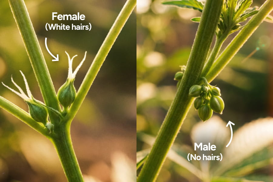 A male cannabis plant showing small pollen sacs near the nodes before flowering.