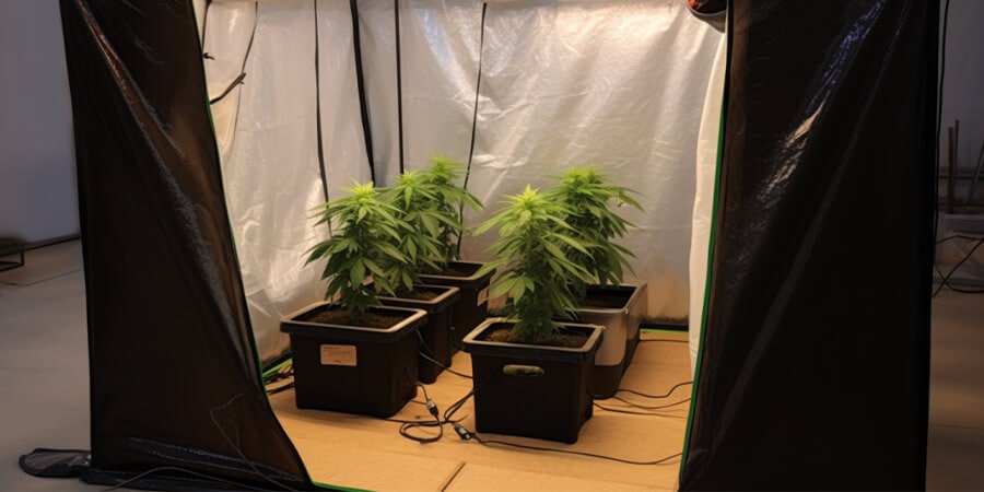 A handmade cannabis grow tent, assembled from various materials for personalized cultivation, featuring basic lighting and ventilation equipment.