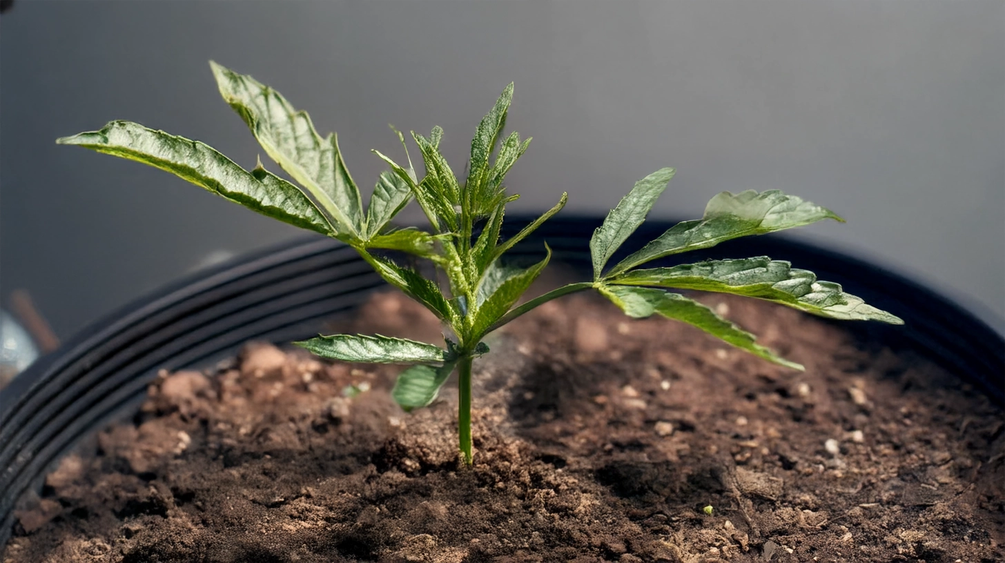 A young cannabis seedling with curled and discolored leaves, indicating damage from prolonged exposure to high heat levels.