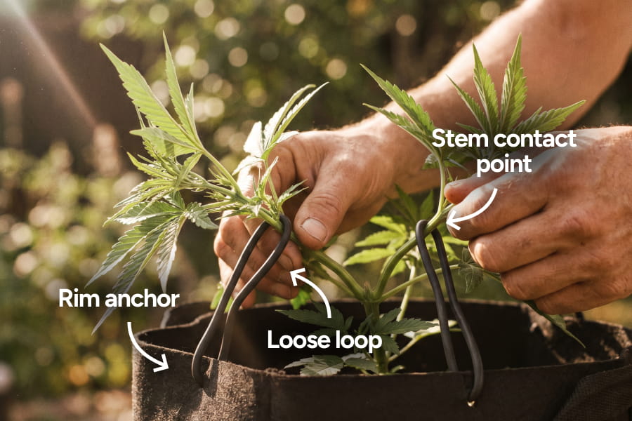 Autoflower cannabis plant with main stem bent and tied to pot rim, with side branches growing upward toward the light source.