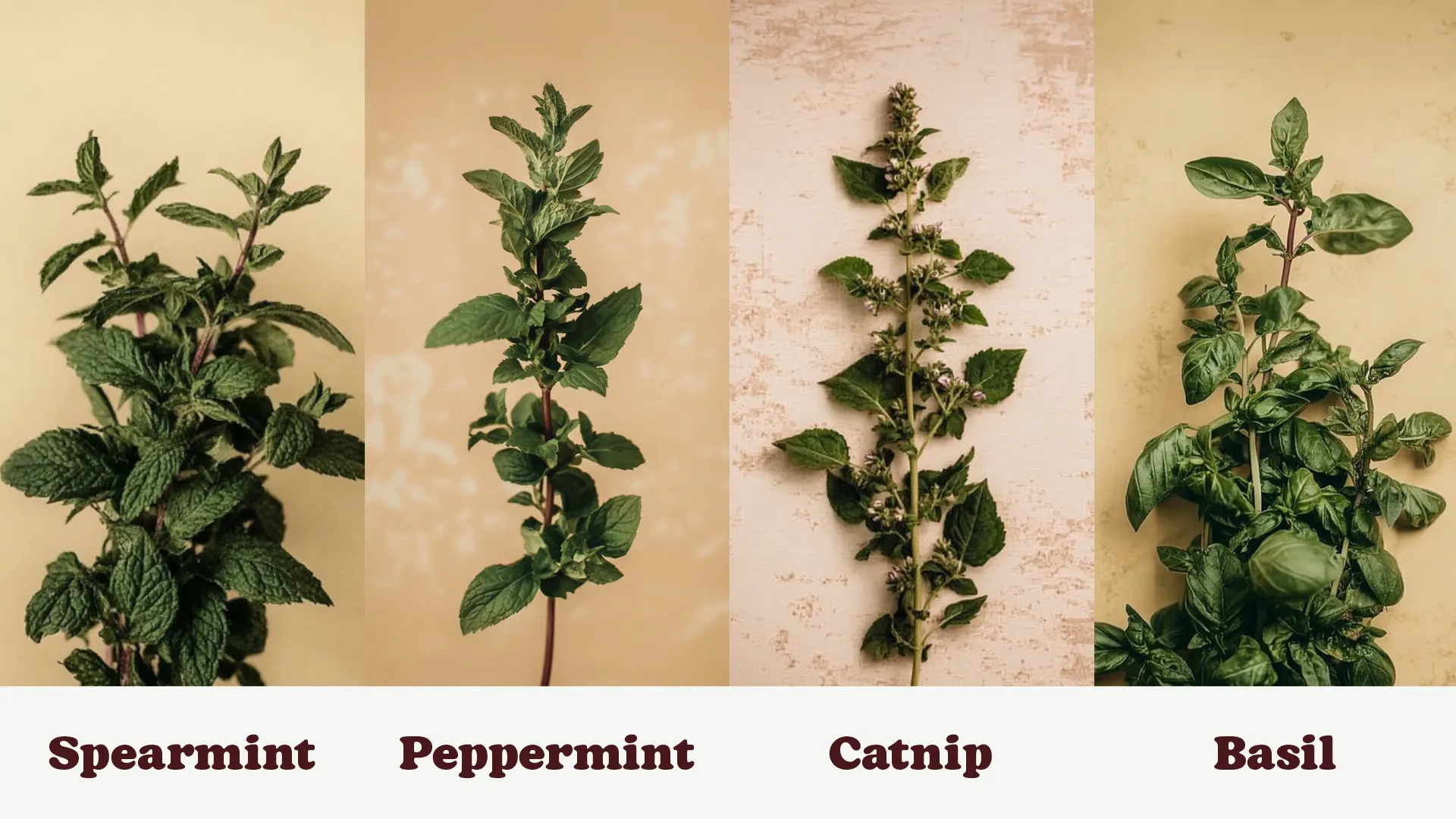 Four herb plants against a beige background: spearmint, peppermint, catnip, and basil, each labeled beneath.