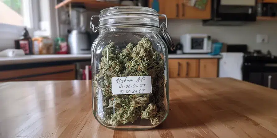 A glass jar containing cured cannabis buds, showcasing their vibrant colors and aromatic appeal.